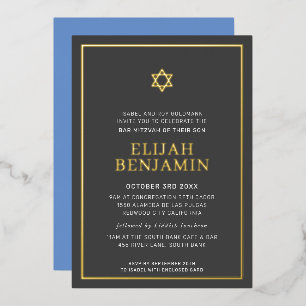 BAR MITZVAH modern minimal star border gray blue Foil Invitation