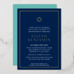 BAR MITZVAH modern minimal star border navy mint Foil Invitation<br><div class="desc">by kat massard
Modern invitation with "shiny gold foil" for your child's MITZVAH celebration.
Easy to update the template yourself
Email me for matching items and alternate colour schemes - kat@simplysweetpaperie.com</div>