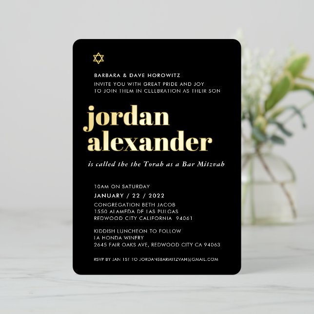BAR MITZVAH modern minimal trendy black gold Foil Invitation (Standing Front)