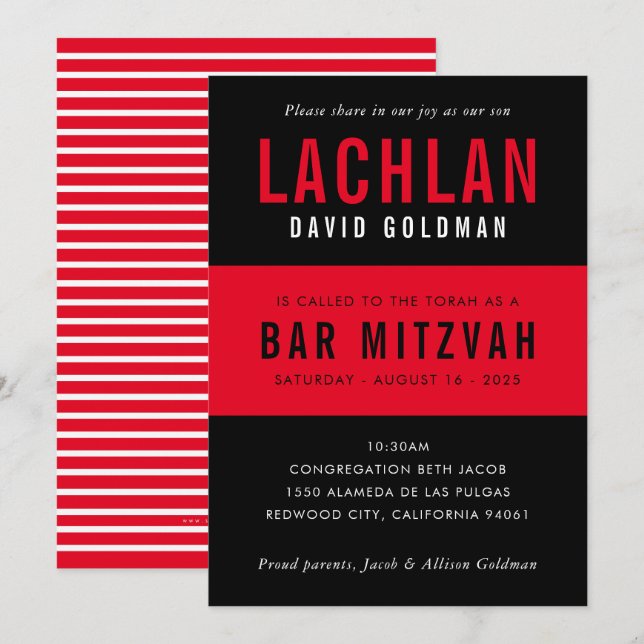 BAR MITZVAH modern minimal typography black red Invitation (Front/Back)