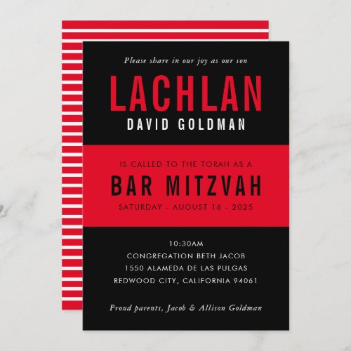 BAR MITZVAH modern minimal typography black red Invitation