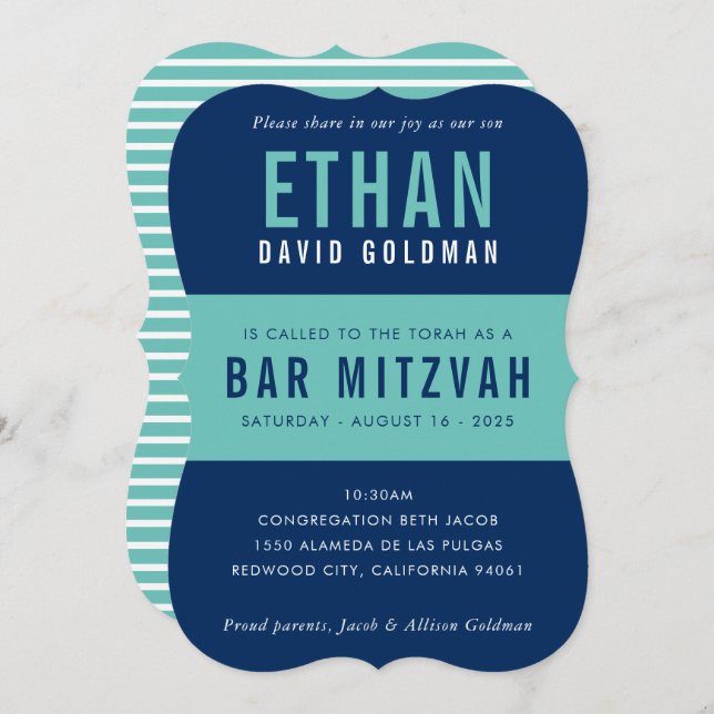 BAR MITZVAH modern minimal typography blue mint Invitation (Front/Back)