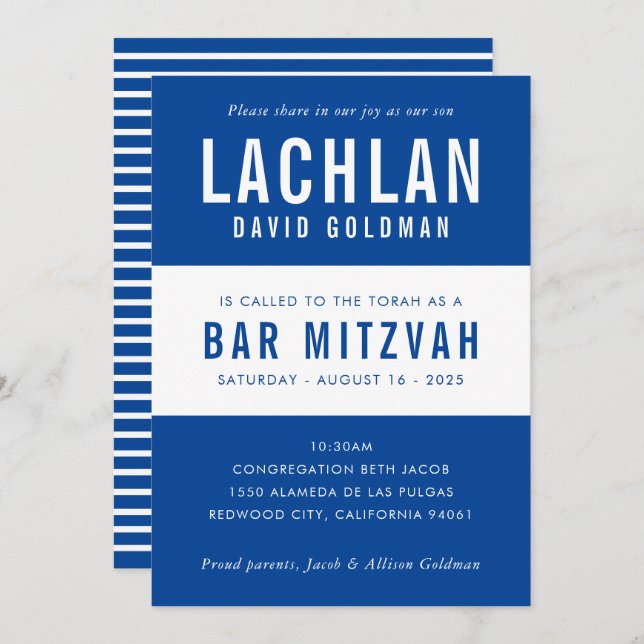 BAR MITZVAH modern minimal typography blue white Invitation (Front/Back)
