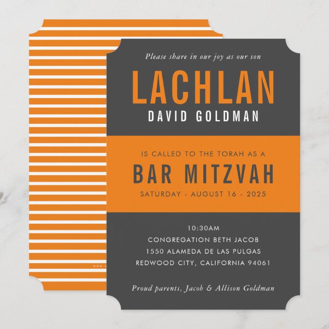 BAR MITZVAH modern minimal typography gray orange Invitation (Front/Back)