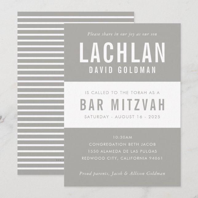 BAR MITZVAH modern minimal typography gray white Invitation (Front/Back)