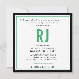 BAR MITZVAH modern name black kelly green Invitation