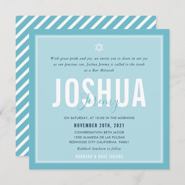 BAR MITZVAH modern name bright sky blue Invitation (Front/Back)