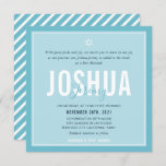 BAR MITZVAH modern name bright sky blue Invitation<br><div class="desc">by kat massard >>> kat@simplysweetPAPERIE.com <<< CONTACT ME for custom wording or to add any lines in Hebrew Love the design, but would like to see some changes - another color scheme, product, add a photo or adapted for a different occasion - no worries simply contact me - I am...</div>