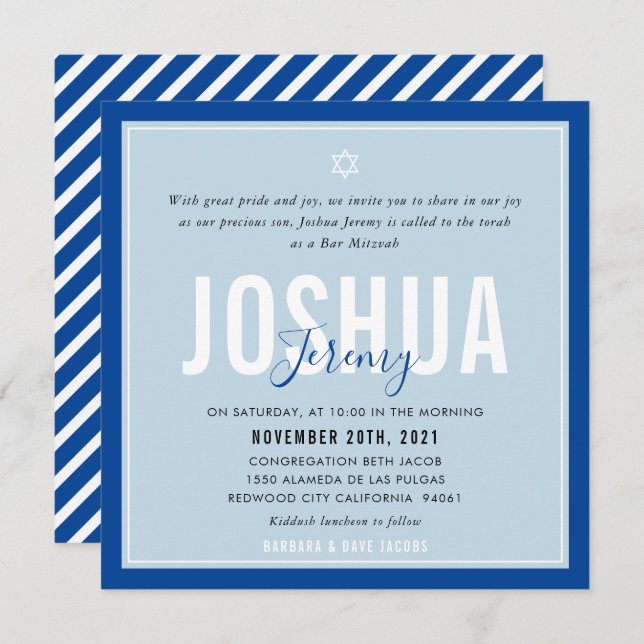BAR MITZVAH modern name duck egg royal blue Invitation (Front/Back)