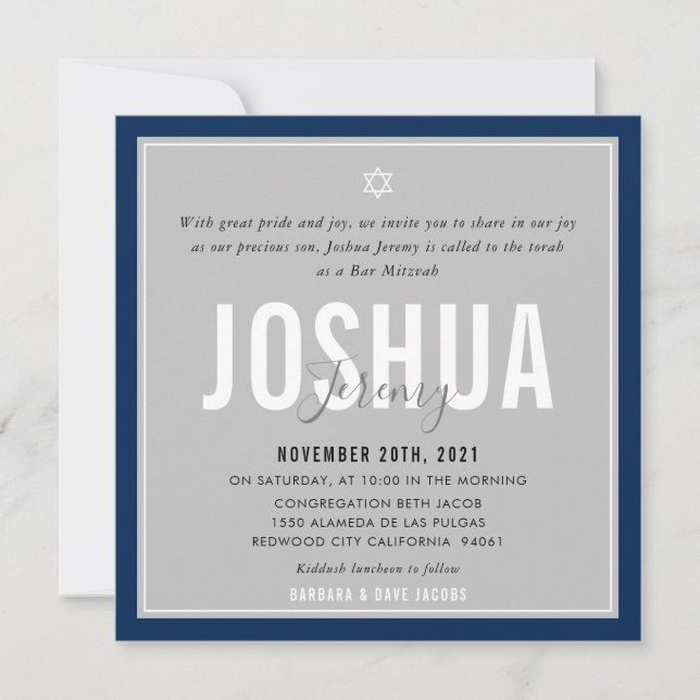 BAR MITZVAH modern name gray dark navy blue Invitation (Front)