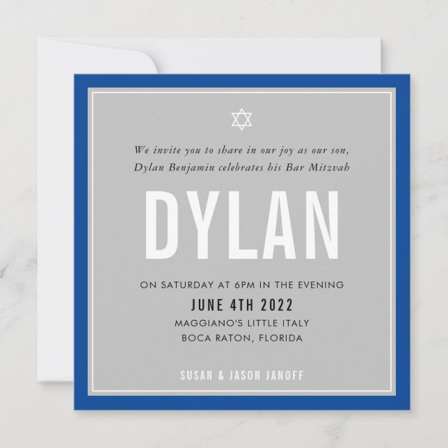 BAR MITZVAH modern name gray royal blue DYLAN Invitation (Front)