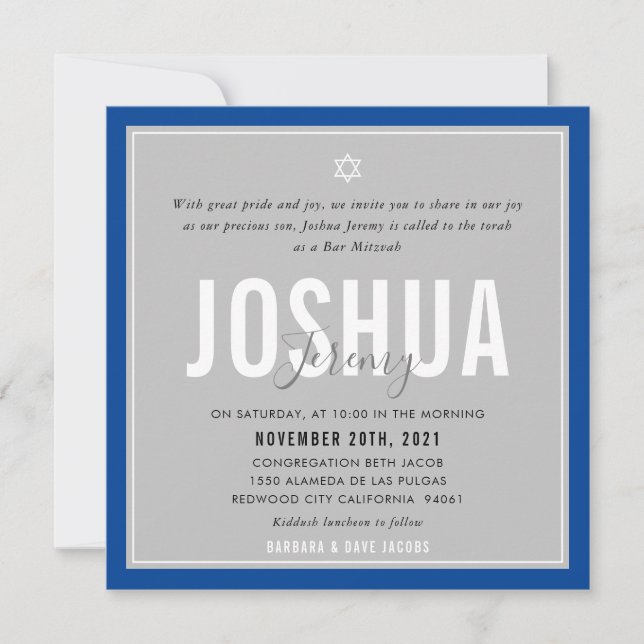 BAR MITZVAH modern name gray royal blue Invitation (Front)