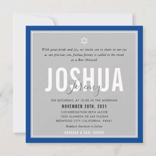 BAR MITZVAH modern name gray royal blue Invitation