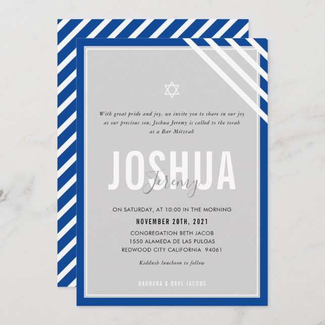 BAR MITZVAH modern name gray royal blue stripe Invitation (Front/Back)