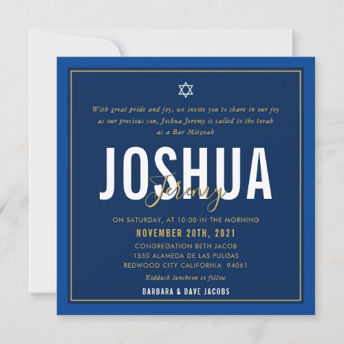 BAR MITZVAH modern name navy blue gold Invitation