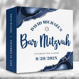 Bar Mitzvah Modern Navy Blue Agate Script Keepsake 3 Ring Binder