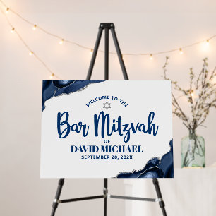 Bar Mitzvah Modern Navy Blue Agate Script Welcome Foam Board