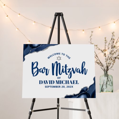 Bar Mitzvah Modern Navy Blue Agate Script Welcome  Foam Board