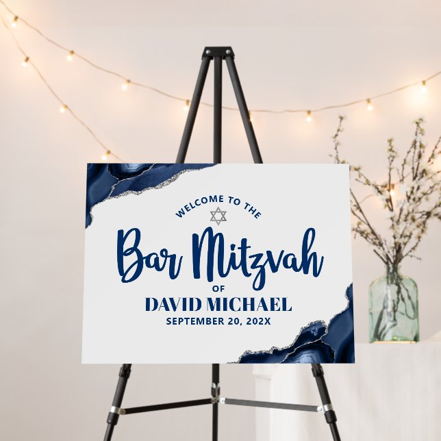 Bar Mitzvah Modern Navy Blue Agate Script Welcome  Foam Board (In Situ (Stand))