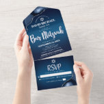 Bar Mitzvah Modern Navy Blue Ombre Agate Script All In One Invitation<br><div class="desc">Be proud, rejoice and showcase this milestone of your favorite Bar Mitzvah! Send out this cool, unique, modern, custom all-in-one invitation for an event to remember. White script typography and Star of David overlay a deep navy blue ombre background with steel blue agate accented with faux silver veins. This all-in-one...</div>