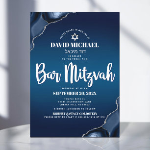 Bar Mitzvah Modern Navy Blue Ombre Agate Script In Invitation