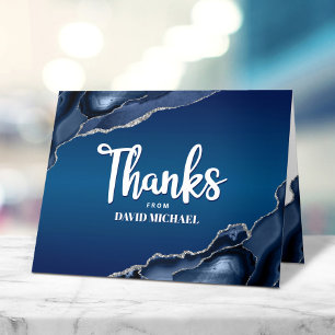Bar Mitzvah Modern Navy Blue Ombre Agate Script Letterpress Thank You Card