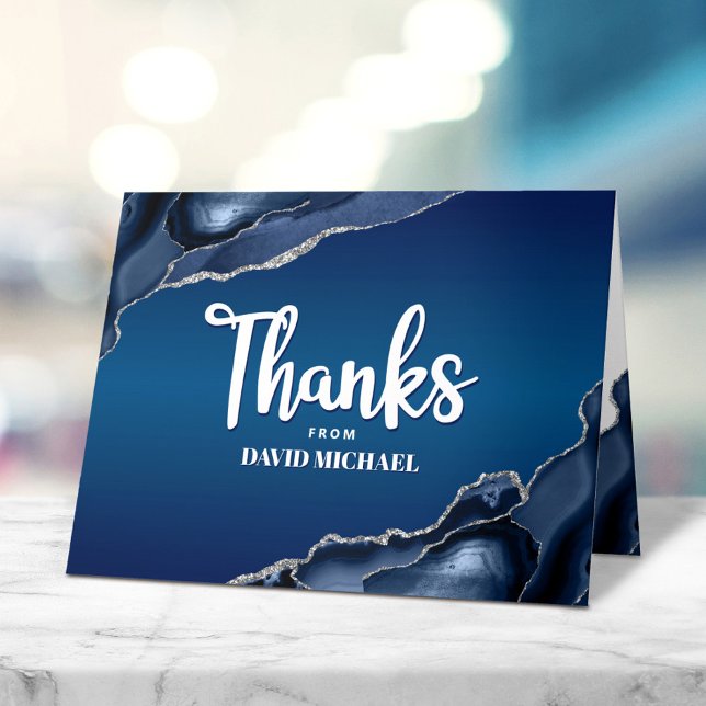 Bar Mitzvah Modern Navy Blue Ombre Agate Script  Letterpress Thank You Card (Creator Uploaded)