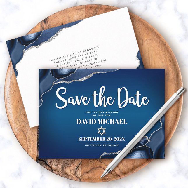 Bar Mitzvah Modern Navy Blue Ombre Agate Script Save The Date (Creator Uploaded)