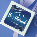 Bar Mitzvah Modern Navy Blue Ombre Agate Script  Square Sticker<br><div class="desc">Be proud, rejoice and showcase this milestone of your favorite Bar Mitzvah! Use this cool, unique, modern, personalized sticker to add to his special day. White script typography and Star of David overlay a deep navy blue ombre background with steel blue agate accented with faux silver veins. Personalize the custom...</div>