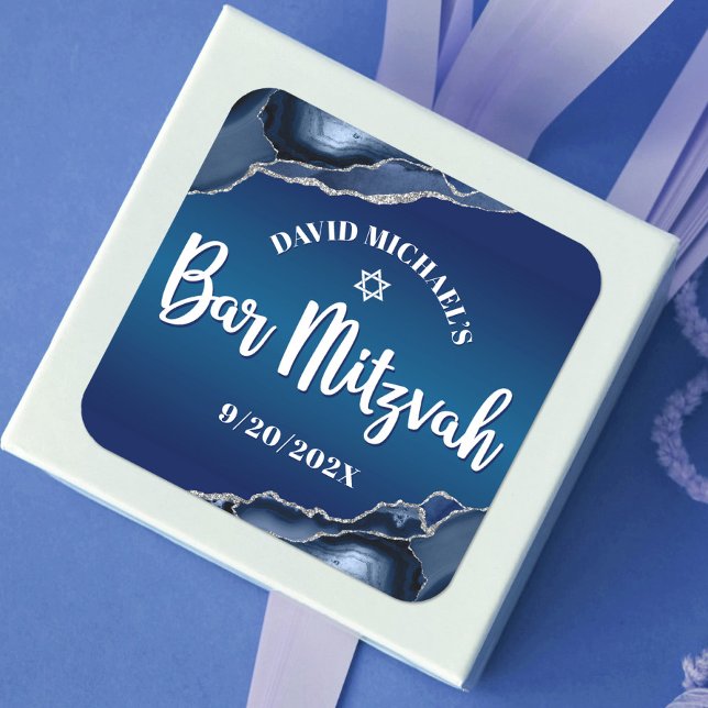 Bar Mitzvah Modern Navy Blue Ombre Agate Script  Square Sticker (Creator Uploaded)
