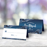 Bar Mitzvah Modern Navy Blue Ombre Silver Agate Place Card<br><div class="desc">No Bar Mitzvah party is complete without personalized place cards. Let your favorite Bar Mitzvah be proud, rejoice and celebrate his milestone at his perfectly coordinated party. Navy blue typography overlays a simple, white background with steel blue agate rocks accented with faux silver veins top and bottom. On the back,...</div>