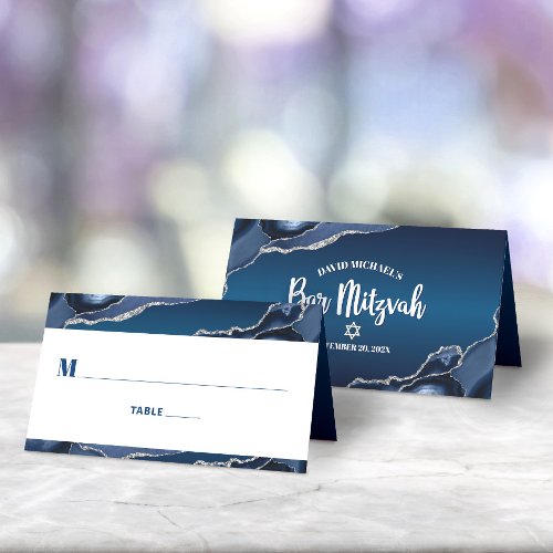 Bar Mitzvah Modern Navy Blue Ombre Silver Agate Place Card
