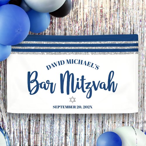 Bar Mitzvah Modern Navy Blue Silver Tallit Script  Banner