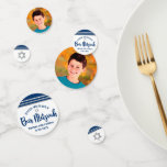 Bar Mitzvah Modern Navy Blue Silver Tallit Script Confetti<br><div class="desc">Add some extra style to your favorite Bar Mitzvah’s celebration party with this customizable table confetti! Bold, navy blue script typography, a silver Star of David and a navy blue and silver glitter striped tallit inspired graphic overlay a simple, white background veins on one side. Your Bar Mitzvah’s photo is...</div>