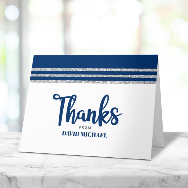 Bar Mitzvah Modern Navy Blue Silver Tallit Script  Letterpress Thank You Card (Creator Uploaded)