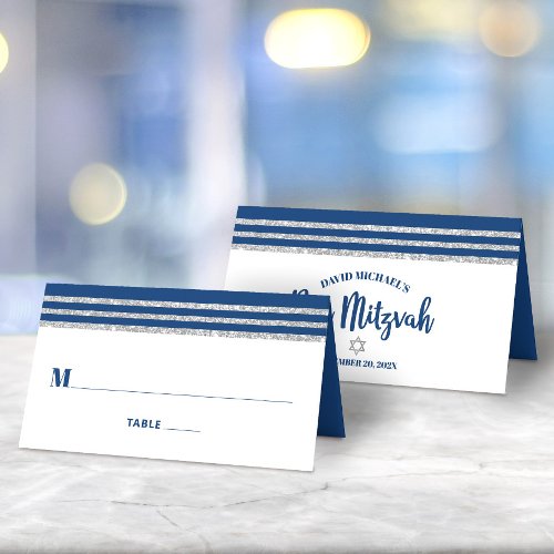 Bar Mitzvah Modern Navy Blue Silver Tallit Script Place Card