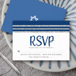 Bar Mitzvah Modern Navy Blue Silver Tallit Script RSVP Card<br><div class="desc">Be proud, rejoice and celebrate this milestone of your favorite Bar Mitzvah with this cool, unique, modern, personalized RSVP insert card for your event! Bold, navy blue script typography, Star of David and a navy blue and silver glitter striped tallit inspired graphic overlay a simple, white background. Personalize the custom...</div>