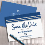 Bar Mitzvah Modern Navy Blue Silver Tallit Script  Save The Date<br><div class="desc">Make sure all your friends and relatives will be able to celebrate your son’s milestone Bar Mitzvah! Send out this cool, unique, modern, personalized “Save the Date” announcement card. Bold, navy blue script typography, Star of David and a navy blue and silver glitter striped tallit inspired graphic overlay a simple,...</div>