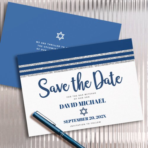 Bar Mitzvah Modern Navy Blue Silver Tallit Script  Save The Date