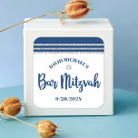 Bar Mitzvah Modern Navy Blue Silver Tallit Script  Square Sticker<br><div class="desc">Be proud, rejoice and showcase this milestone of your favorite Bar Mitzvah! Use this cool, unique, modern, personalized sticker to add to his special day. Bold, navy blue script typography, a silver Star of David and a navy blue and silver glitter striped tallit inspired graphic overlay a simple, white background....</div>