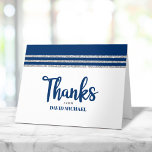 Bar Mitzvah Modern Navy Blue Silver Tallit Script  Thank You Card<br><div class="desc">Make sure your favorite Bar Mitzvah shows his appreciation to all who supported his milestone event! Send out this cool, unique, modern, personalized thank you card. Bold, navy blue script typography, Star of David and a navy blue and silver glitter striped tallit inspired graphic overlay a simple, white background. Another...</div>