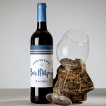 Bar Mitzvah Modern Navy Blue Silver Tallit Script  Wine Label<br><div class="desc">Be proud, rejoice and showcase this milestone of your favorite Bar Mitzvah! Use this cool, unique, modern, personalized wine label to add to his special day. Bold, navy blue script typography, a silver Star of David and a navy blue and silver glitter striped tallit inspired graphic overlay a simple, white...</div>