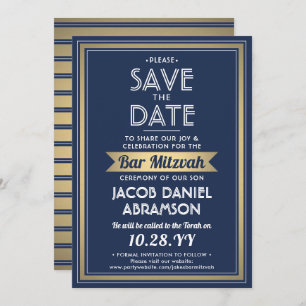 Bar Mitzvah Modern Navy Blue White Faux Gold Save The Date