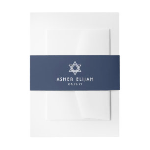 Bar Mitzvah Modern Navy Blue & White Star of David Invitation Belly Band