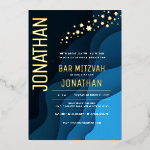 Bar Mitzvah Modern Navy Waves REAL GOLD Foil Foil Invitation