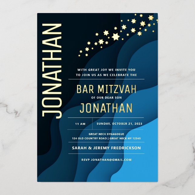 Bar Mitzvah Modern Navy Waves REAL GOLD Foil Invitation (Front)