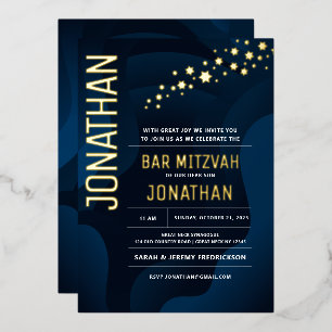 Bar Mitzvah Modern Navy Waves REAL GOLD Foil Invitation