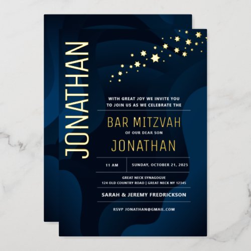 Bar Mitzvah Modern Navy Waves REAL GOLD Foil Invitation