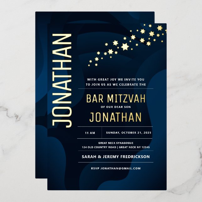 Bar Mitzvah Modern Navy Waves REAL GOLD Foil Invitation (Front/Back)