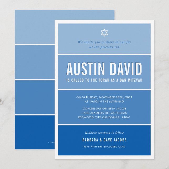 BAR MITZVAH modern ombre gradient cool royal blue Invitation (Front/Back)